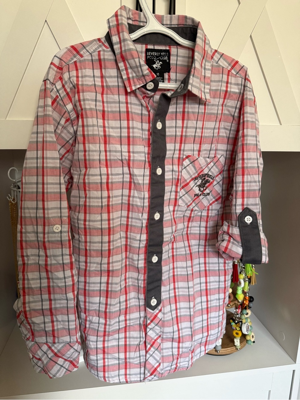 Beverly Hills Polo Club Red, White & Gray Plaid Button-Down Shirt